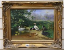 Continental School (20th century), oil on board, ducks at the bank of a stream, indistinctly