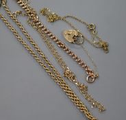 A 9ct rose gold bracelet, two 9ct gold chains and a gilt metal chain.