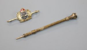 A 15ct gold and enamel bar brooch and a yellow metal overlaid propelling pencil.