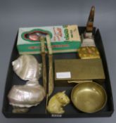 A group of Chinese items including the figure a dog, an inscribed box, a pair of belt hook handled