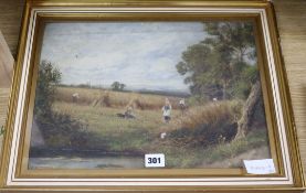 M Corper, c.1900, pair of oils on canvas, Harvest scenes, 30 x 40cm.