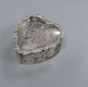 An early 20th century Canadian Birks white metal heart shaped ring box, 8cm.