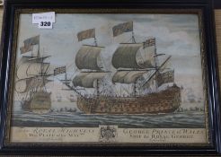 An 18th century engraving of the Prince of Wales ship The Royal George 29 x 40cm.