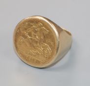 A 1912 gold half sovereign in yellow metal ring mount.