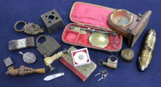 An 18th century brass quill stand, dated 1766 and sundry curiosities