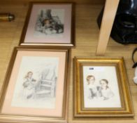 Three early Victorian pencil and watercolour drawings of children Largest 28 x 20cm.