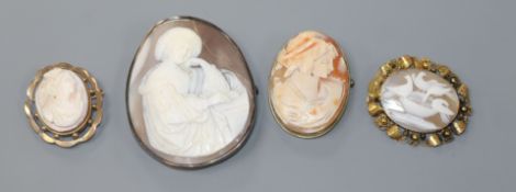 A cameo brooch, 9ct gold mount and three other cameos