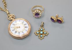 A gold plated fob watch on chain, a 9ct gold and gem set ring, a pair of 9ct gold and amethyst ear