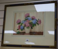 William Affleck (1868-1943) aka William Carruthers, watercolour, still life of hydrangeas in a jug