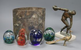 A group of mixed collectables, including four paperweights, figure of discus thrower