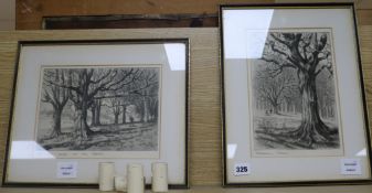 Hughes, two dry point etchings, 'Savernake Forest' and 'On the edge of the Forest'