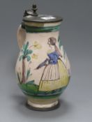 A late 18th century Dutch polychrome painted pewter mounted flagon height 25cm