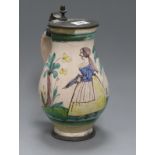 A late 18th century Dutch polychrome painted pewter mounted flagon height 25cm