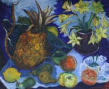 Eleanor Hope Henderson SSA (Scottish 1917-2006) Still life with Pineapple and Fruit. Oil on board