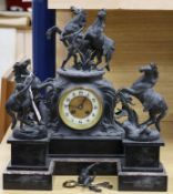 A Victorian spelter and marble clock garniture Clock 46cm high