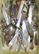 A small group of silver and silver plated cutlery including silver dessert eaters and silver