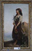 Italian School, oil on board, Girl musician on the sea shore, monogrammed and dated 78, 50 x 29cm