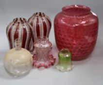 A Victorian glass fly trap and five glass shades Cranberry shade 29cm high