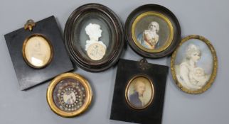 Five portrait miniatures and a glass cameo portrait