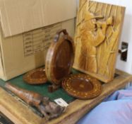 A figural carving novelty nutcrackers and inlaid cake stand.