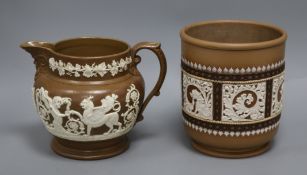 A Victorian relief moulded jug and a Doulton Slaters Patent jardiniere Jardiniere 19cm high