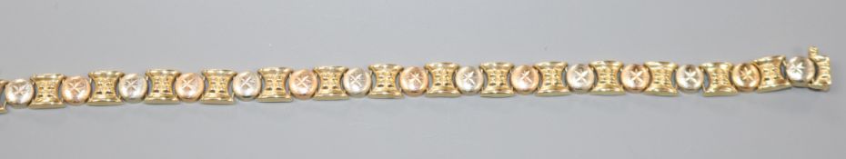 A modern three colour 585 yellow metal bracelet, 17.5cm.