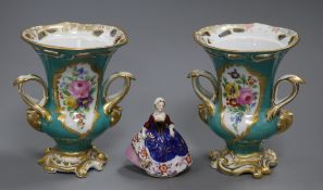 A pair of floral vases and a miniature figurine 13cm high