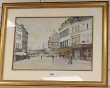 Jules Lessore (1849-1892) watercolour, Street scene with harbour beyond, signed 34 x 49cm.