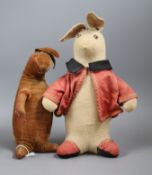 Two rabbits, one felt with vintage clothes, circa 1910, one velvet circa 1910 H.8in.