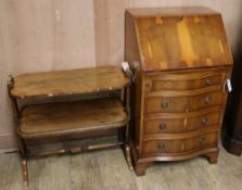 An inlaid yew two tier table and a yew bureau (2)