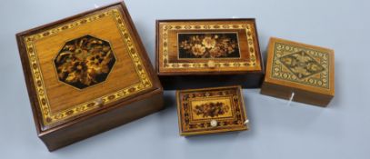 A group of four Tunbridge Ware hinged boxes, including one set with floral marquetry panel, with