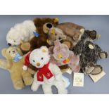 Seven Steiff yellow tag toys: 1952 Classic Jungbar, Classic Teddy, Xmas Bear, Arco Polar Bear, Molly
