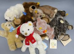 Seven Steiff yellow tag toys: 1952 Classic Jungbar, Classic Teddy, Xmas Bear, Arco Polar Bear, Molly