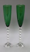 Two boxed Baccarat green stemmed vases 29cm high