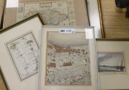A group of Sussex/Brighton maps and prints including an Ogilby Road map and Herman Moll