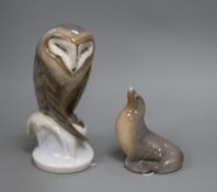 A Royal Copenhagen Barn owl and another of a sea lion Owl 22cm high