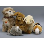 Four Steiff yellow tag toys: Swinny Guinea Pig, Cockie Spaniel, Lamby and Cosy Maus