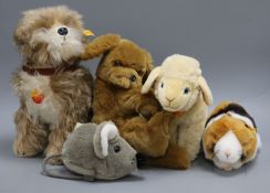 Four Steiff yellow tag toys: Swinny Guinea Pig, Cockie Spaniel, Lamby and Cosy Maus