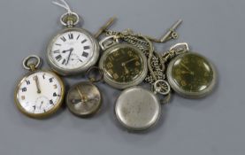 Two military pocket watches, two black dial pocket watches and two compasses.