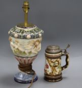 A German 800 Standard silver mounted stein and a pottery lamp base Stein 20cm high from base to