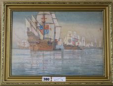 Ernest Walter Twining (1875-1956) gouache, Galleons flying the Royal Standard, signed 24 x 34cm.