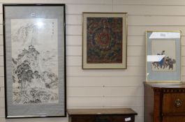 A Chinese landscape painting, a picture of huntsmen and a painted silk thangka Largest 81 x 44cm.