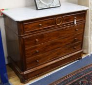 A 19th century French chest with marble top, fitted four long drawers W.123cm