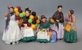 Five Royal Doulton figures, including Bridget, HN 2070, Biddy Pennyfarthing, HN 1843, Old Balloon