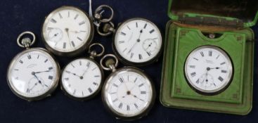 Six assorted silver and white metal pocket watches.