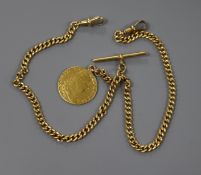 An 18ct gold albert hung with a George III guinea, 37cm.