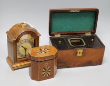 A walnut mantel clock, a Georgian inlaid mahogany tea caddy and a 19th century mahogany tea caddy (