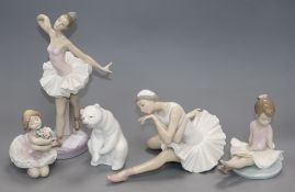 A collection of three Lladro ballet dancers, rosy posy and polar bear tallest 26cm