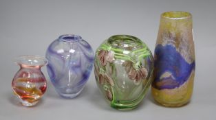 A Siddy Langley iridescent glass vase and 3 other studio glass vases Tallest 18cm high