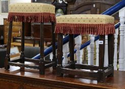 Two oak stools, with upholstered tops